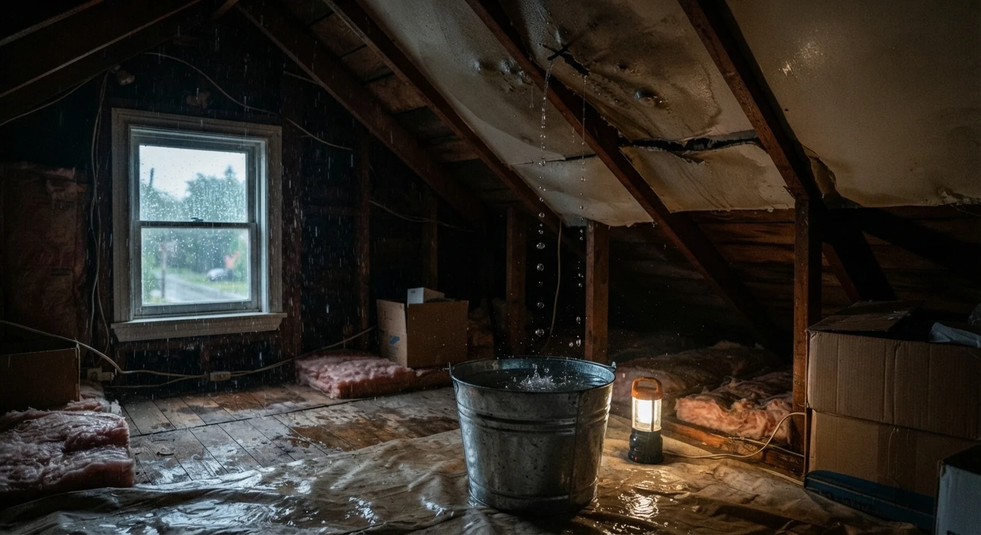 Active roof leak dripping water through the ceiling into a bucket inside an Ottawa home