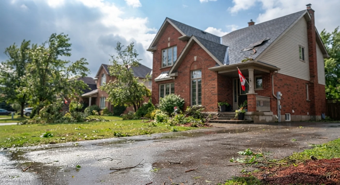 Homeowner checking and documenting storm damage from the ground in Ottawa