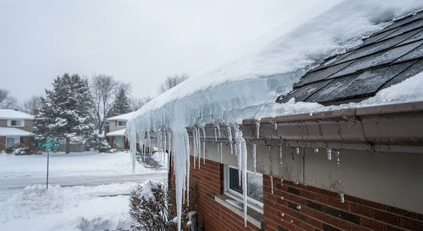 Ice dams and snow buildup on a residential roof in Ottawa during winter
