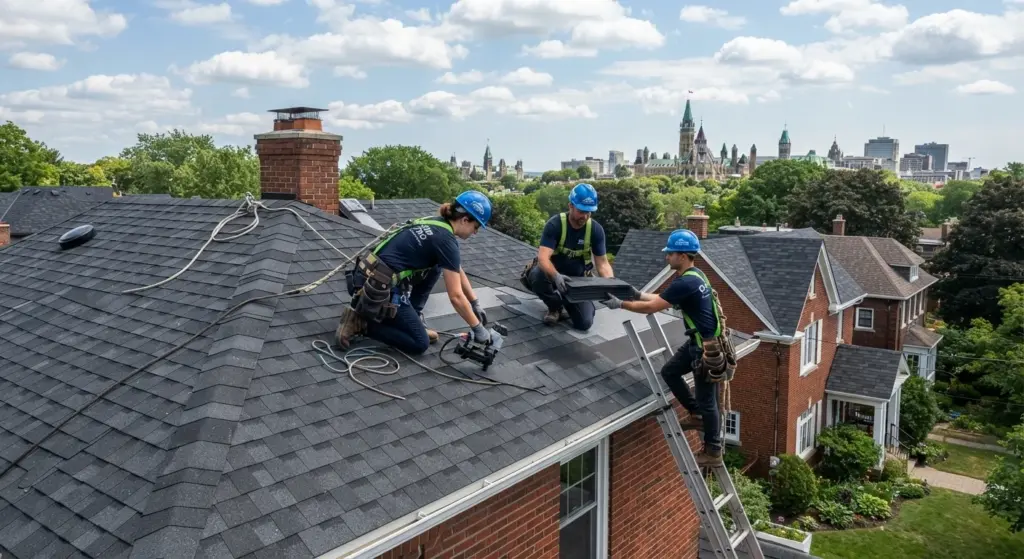 Professional roofing contractors working on a residential roof in Ottawa