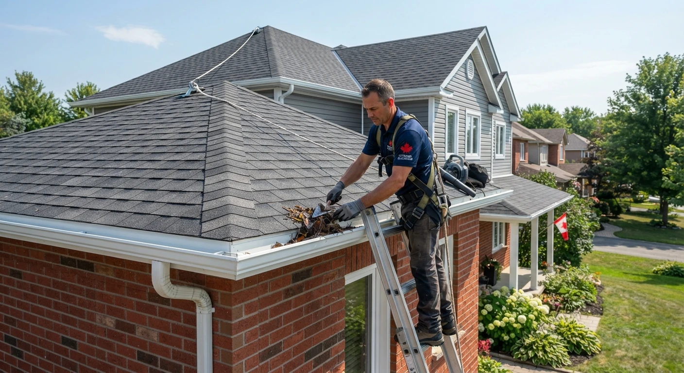 Contractor performing routine roof and gutter maintenance on an Ottawa home