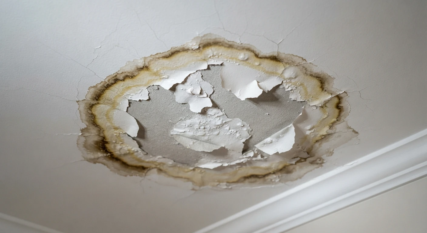 Water stain and peeling paint on a ceiling showing moisture damage in an Ottawa home